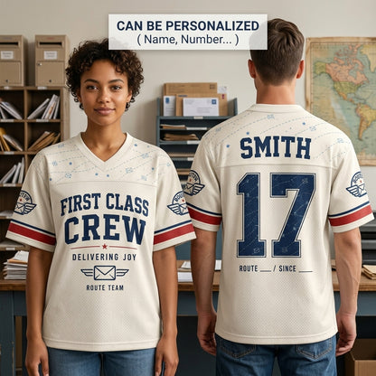 Personalized First Class Crew Postal Worker Football Jersey - Custom Name and Route Mail Carrier Gift
