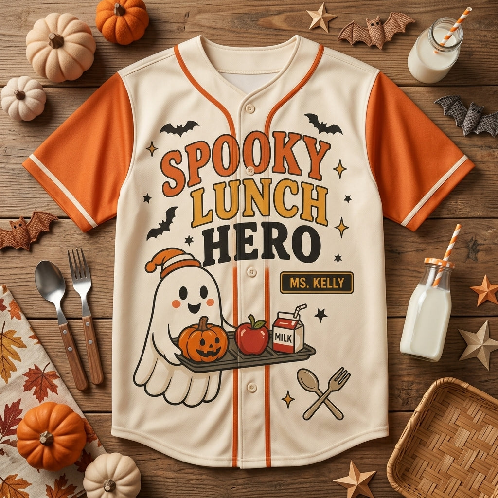 Personalized Spooky Lunch Hero Baseball Jersey - Custom Name Cafeteria Crew Halloween Ghost Shirt
