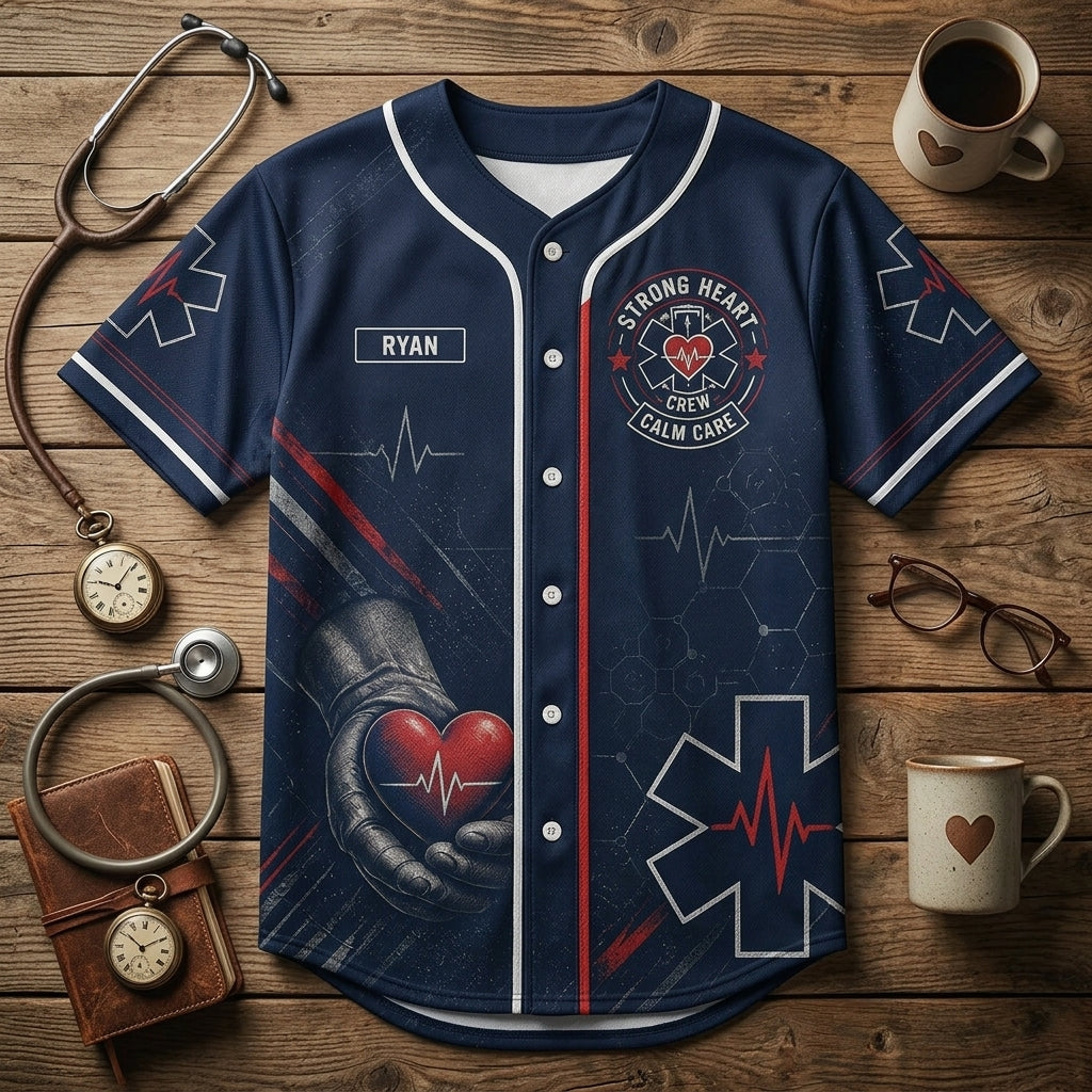 Personalized EMS Paramedic Baseball Jersey - Custom Name First Responder Uniform - Steady Hands Strong Heart Navy Shirt
