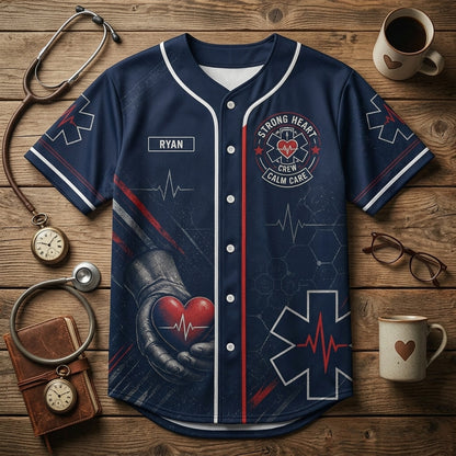 Personalized EMS Paramedic Baseball Jersey - Custom Name First Responder Uniform - Steady Hands Strong Heart Navy Shirt
