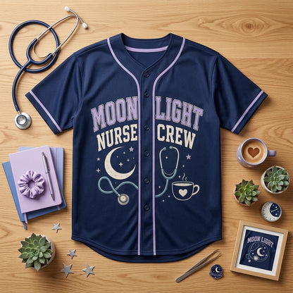Personalized Moonlight Nurse Crew Baseball Jersey - Custom Name Night Shift Nursing Gift