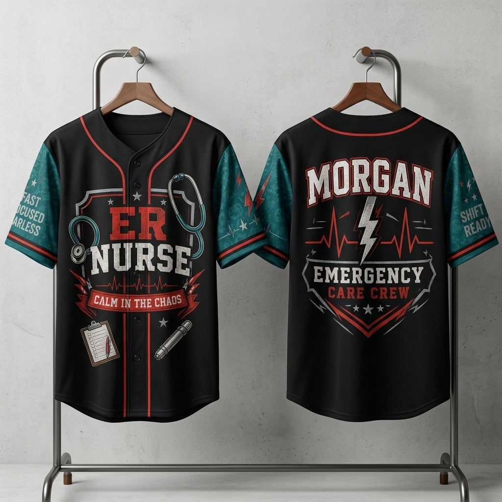 Personalized ER Nurse Baseball Jersey - Custom Name Emergency Care Crew Uniform Gift - Calm In The Chaos