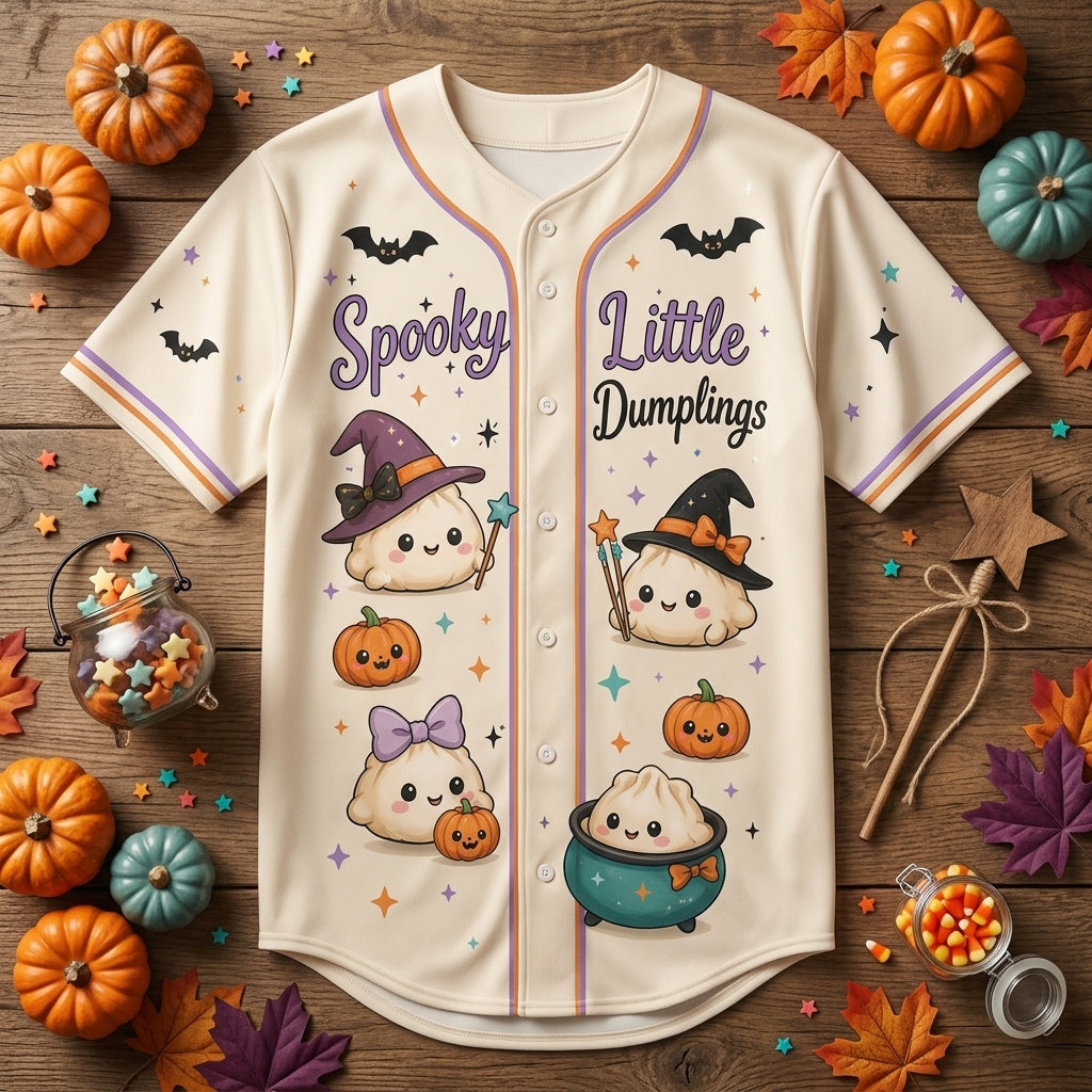 Personalized Spooky Little Dumplings Halloween Baseball Jersey - Custom Name Cute Witch Dumplings Button-Up