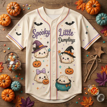 Personalized Spooky Little Dumplings Halloween Baseball Jersey - Custom Name Cute Witch Dumplings Button-Up