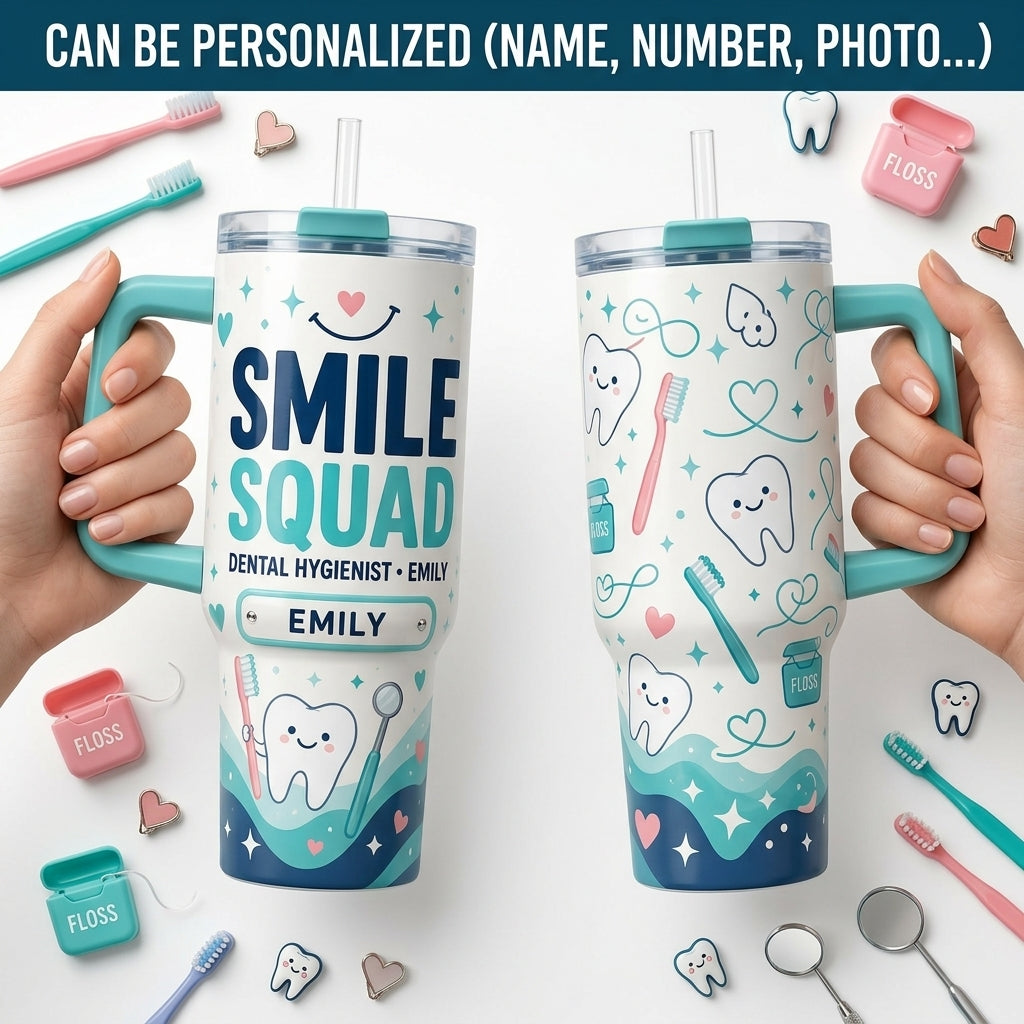 Personalized Smile Squad 40oz Tumbler with Handle - Custom Name Gift for Dental Hygienist & Dentist