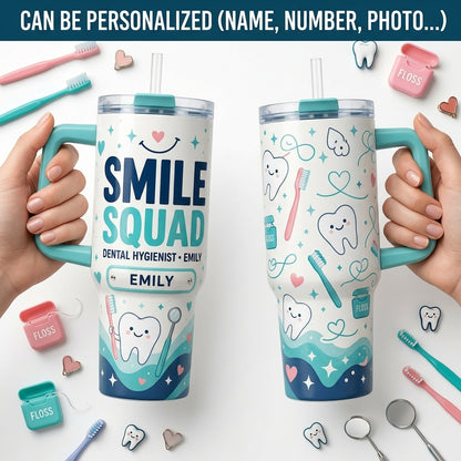 Personalized Smile Squad 40oz Tumbler with Handle - Custom Name Gift for Dental Hygienist & Dentist