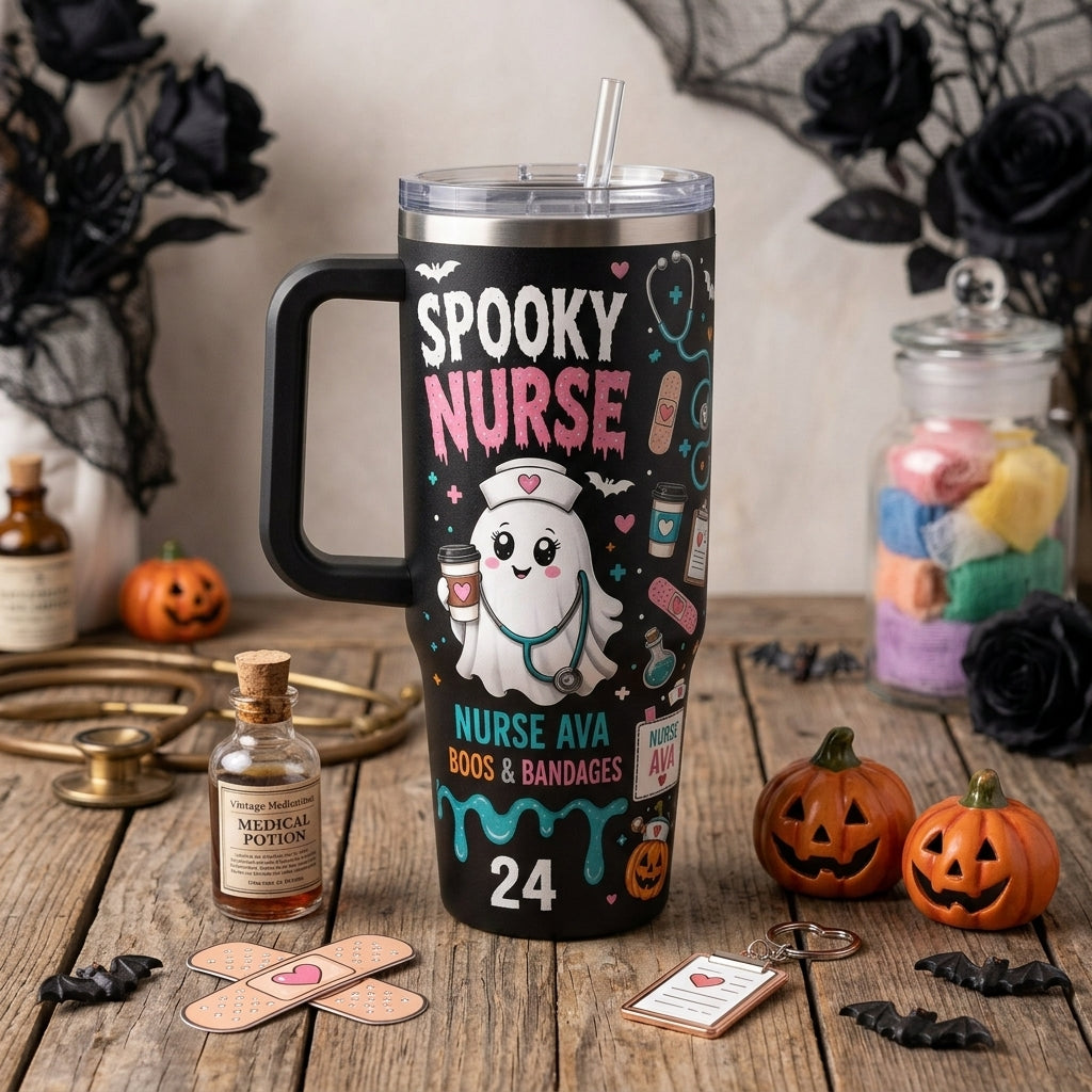 Personalized Spooky Nurse Halloween 40oz Tumbler with Handle - Custom Name Ghost Nurse Boos & Bandages Travel Mug