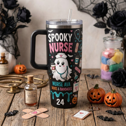 Personalized Spooky Nurse Halloween 40oz Tumbler with Handle - Custom Name Ghost Nurse Boos & Bandages Travel Mug
