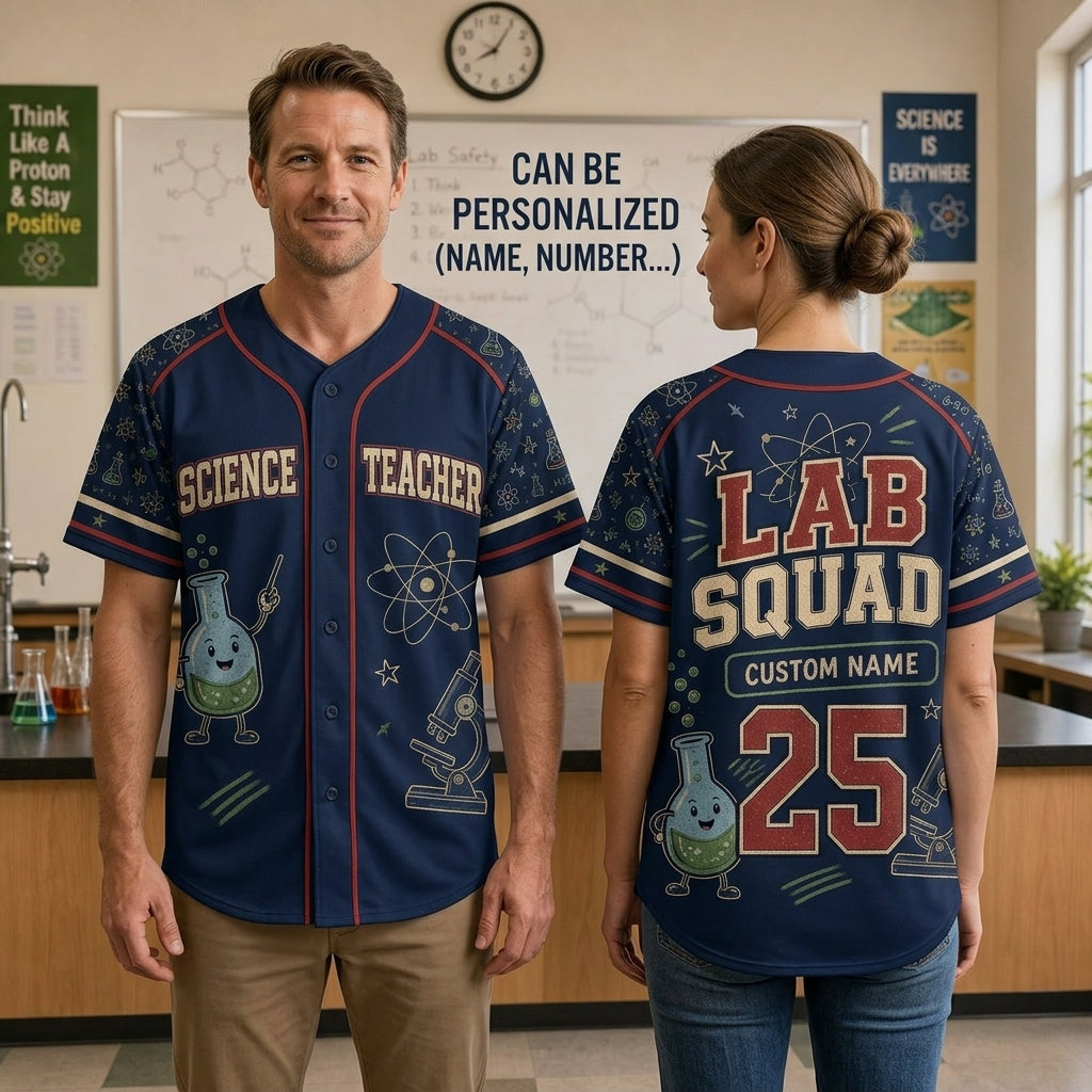 Personalized Science Teacher Baseball Jersey - Custom Lab Squad Team Shirt for STEM Educators