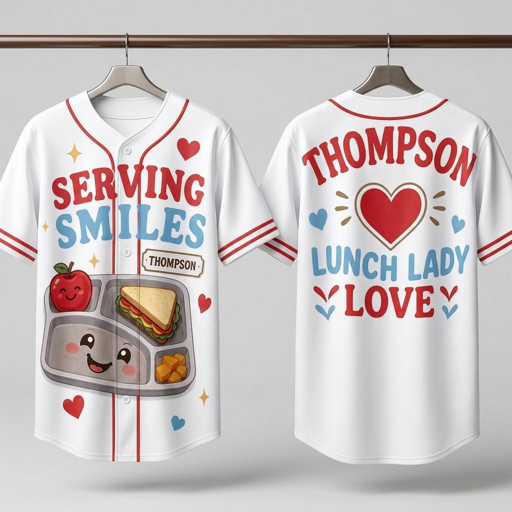 Personalized Lunch Lady Baseball Jersey - Custom Name Serving Smiles School Staff Gift
