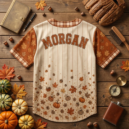 Personalized Autumn Vibes Fall Baseball Jersey - Custom Name Pumpkin & Leaf Print Button Down