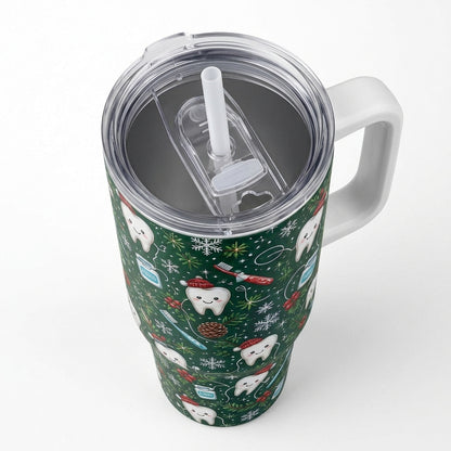 Personalized Merry Flossmas 40oz Tumbler with Handle, Custom Name Dental Hygienist Gift, Christmas Dentist Mug