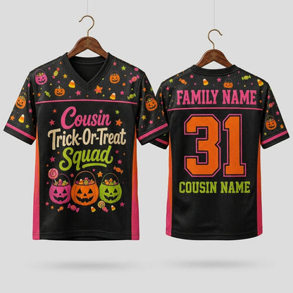 Personalized Cousin Trick-Or-Treat Squad Halloween Football Jersey - Custom Family Name & Number