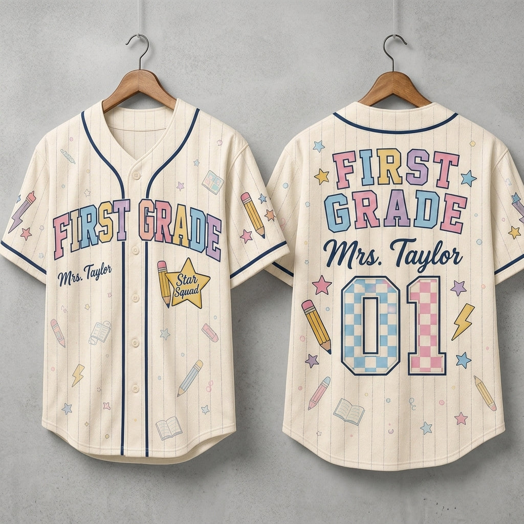 Personalized First Grade Teacher Baseball Jersey - Custom Mrs. Taylor Star Squad School Apparel