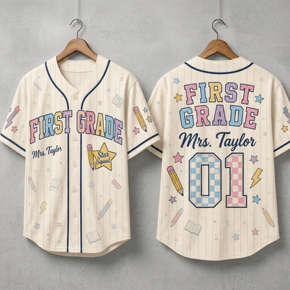 Personalized First Grade Teacher Baseball Jersey - Custom Mrs. Taylor Star Squad School Apparel