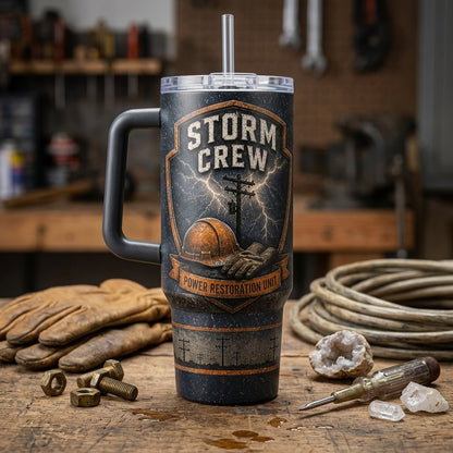 Personalized Storm Crew Lineman 40oz Tumbler with Handle, Custom Name Power Restoration Unit Gift product view 3
