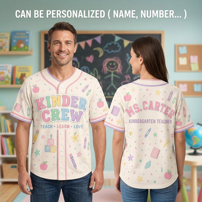 Personalized Kinder Crew Baseball Jersey - Custom Name Kindergarten Teacher Shirt - Pastel Back to School Gift