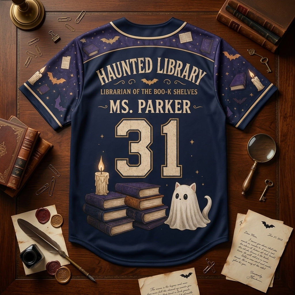 Personalized Haunted Library Baseball Jersey - Custom Ghost Librarian of the Boo-k Shelves Shirt