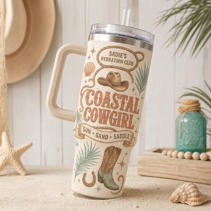 Personalized Coastal Cowgirl 40oz Tumbler with Handle - Custom Western Beach Travel Mug Gift