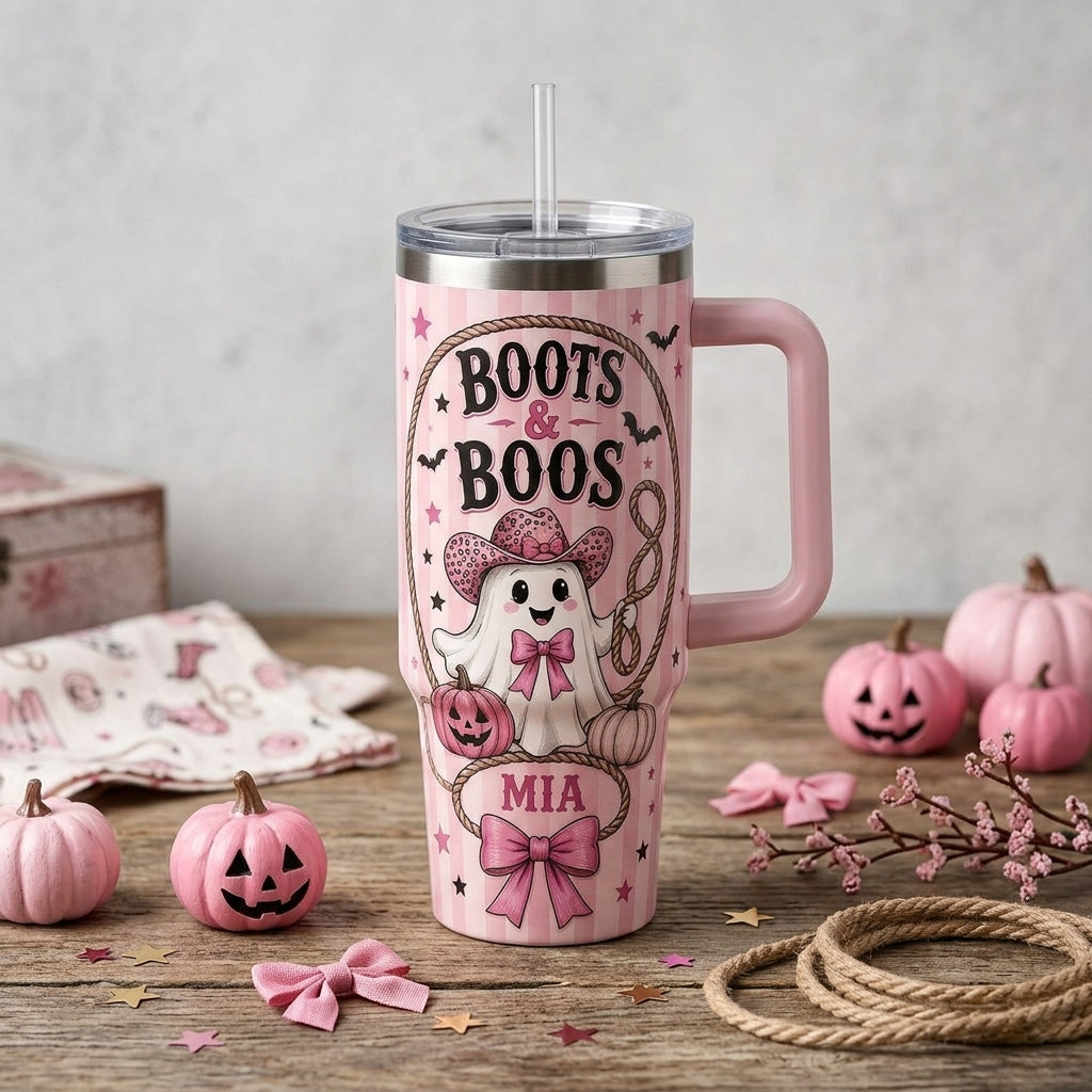 Personalized Boots & Boos Pink Western Halloween 40oz Tumbler with Handle, Custom Name Cowgirl Ghost Gift