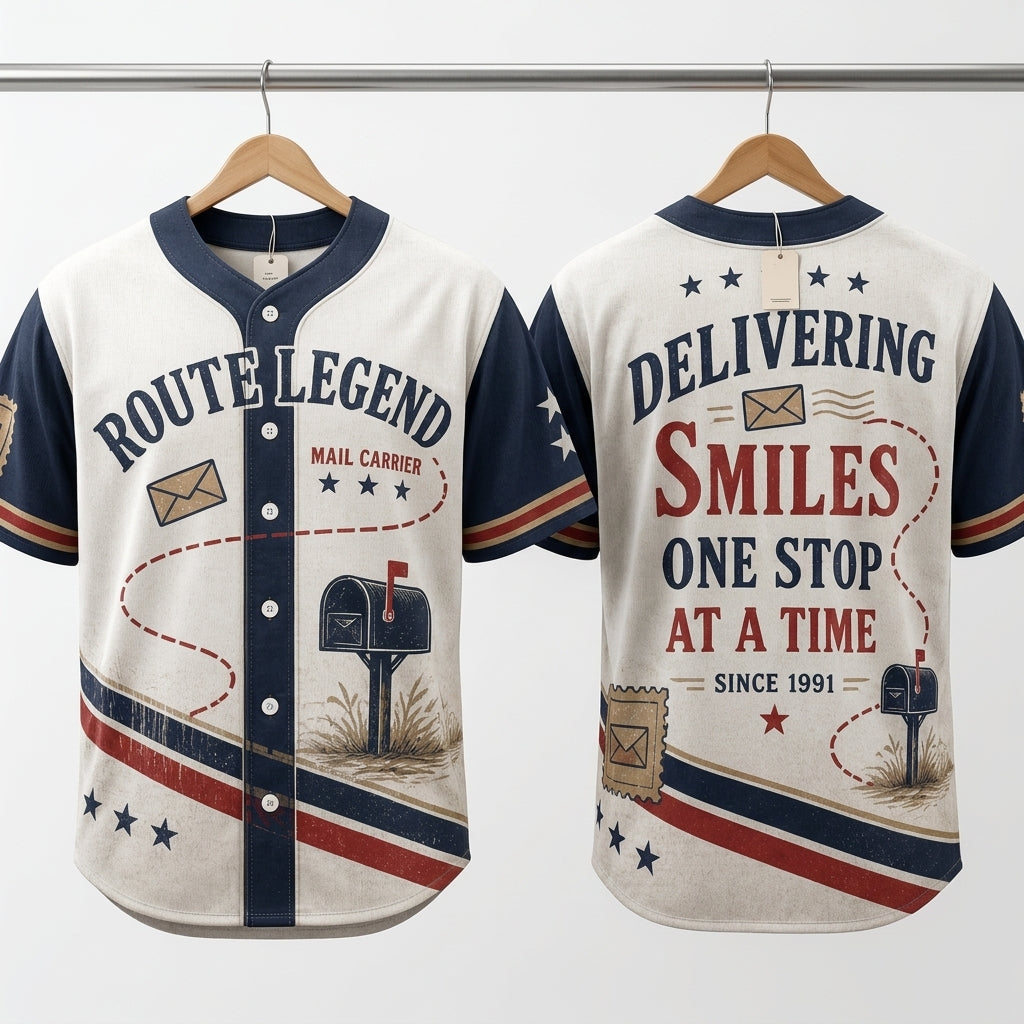 Personalized Route Legend Mail Carrier Baseball Jersey - Custom Year Delivering Smiles Postal Worker Gift