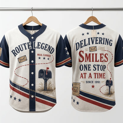 Personalized Route Legend Mail Carrier Baseball Jersey - Custom Year Delivering Smiles Postal Worker Gift