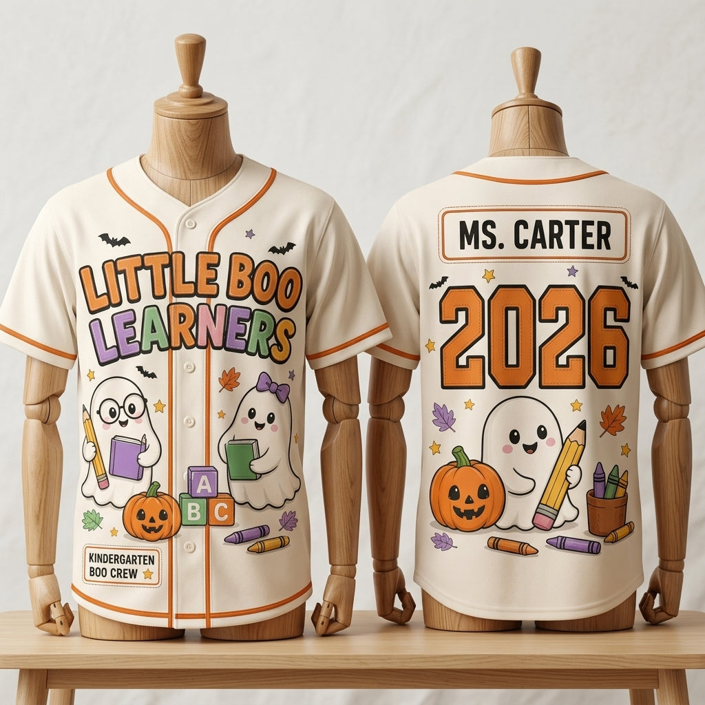 Personalized Little Boo Learners Halloween Baseball Jersey - Custom Teacher Ghost Crew Shirt 2026