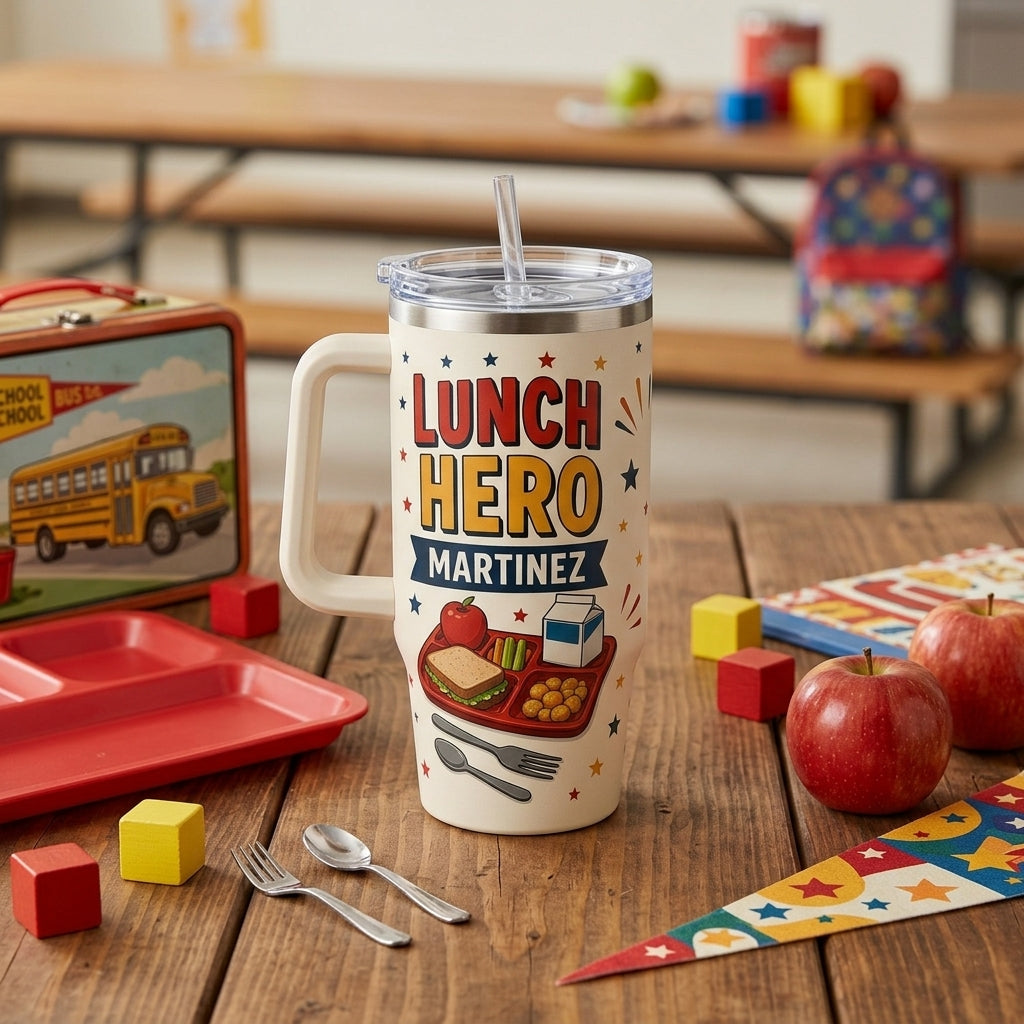 Personalized Lunch Hero 40oz Tumbler with Handle - Custom Cafeteria Crew Gift for School Nutrition Staff