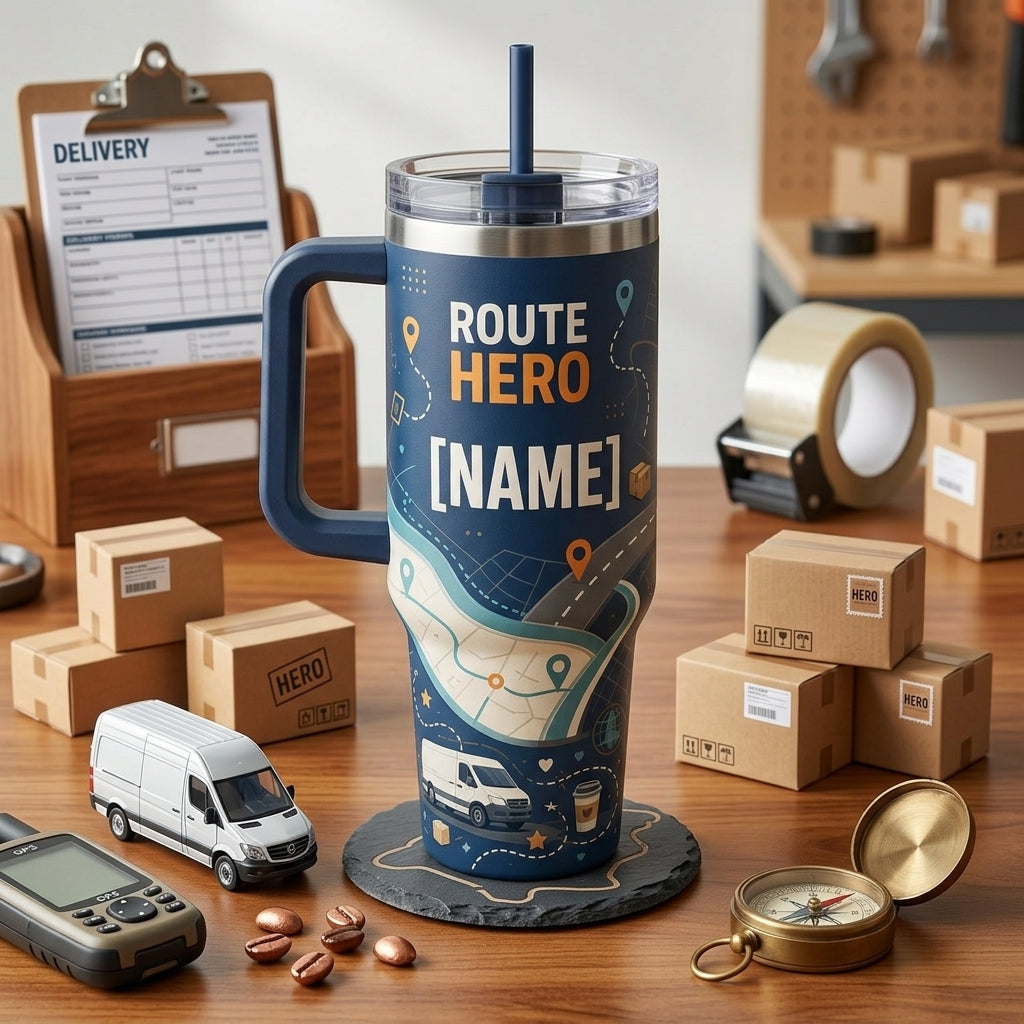 Personalized Route Hero 40oz Tumbler with Handle - Custom Name Delivery Driver Gift - 40oz tumbler mockup 3