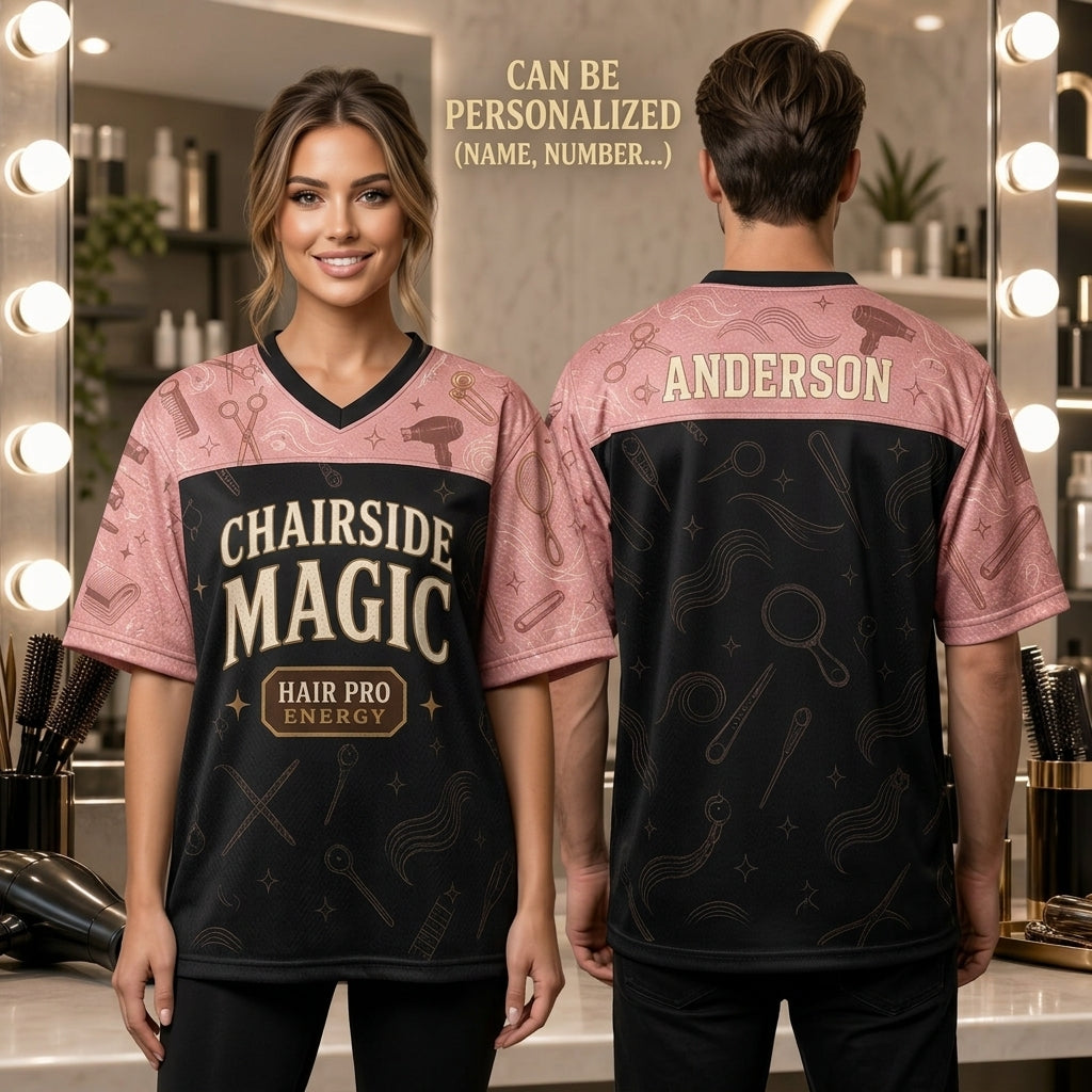 Personalized Hairstylist Football Jersey - Custom Name Salon Team Apparel - Chairside Magic Pink & Black Mesh