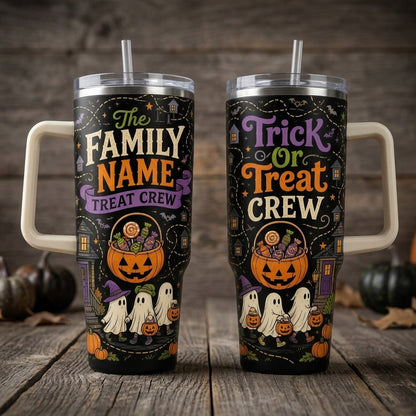 Personalized Halloween Family Name Treat Crew 40oz Tumbler with Handle - Custom Ghost Trick or Treat Gift