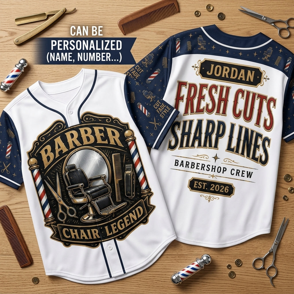 Personalized Barber Chair Legend Baseball Jersey - Custom Name Barbershop Crew Uniform