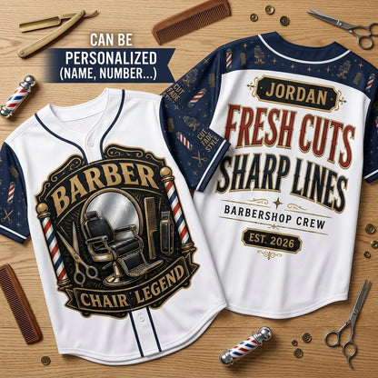 Personalized Barber Chair Legend Baseball Jersey - Custom Name Barbershop Crew Uniform