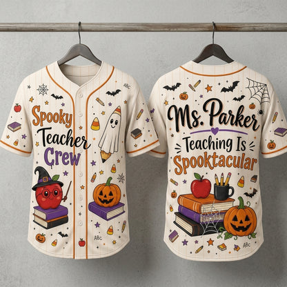 Personalized Spooky Teacher Crew Baseball Jersey - Custom Name Halloween Teaching Is Spooktacular