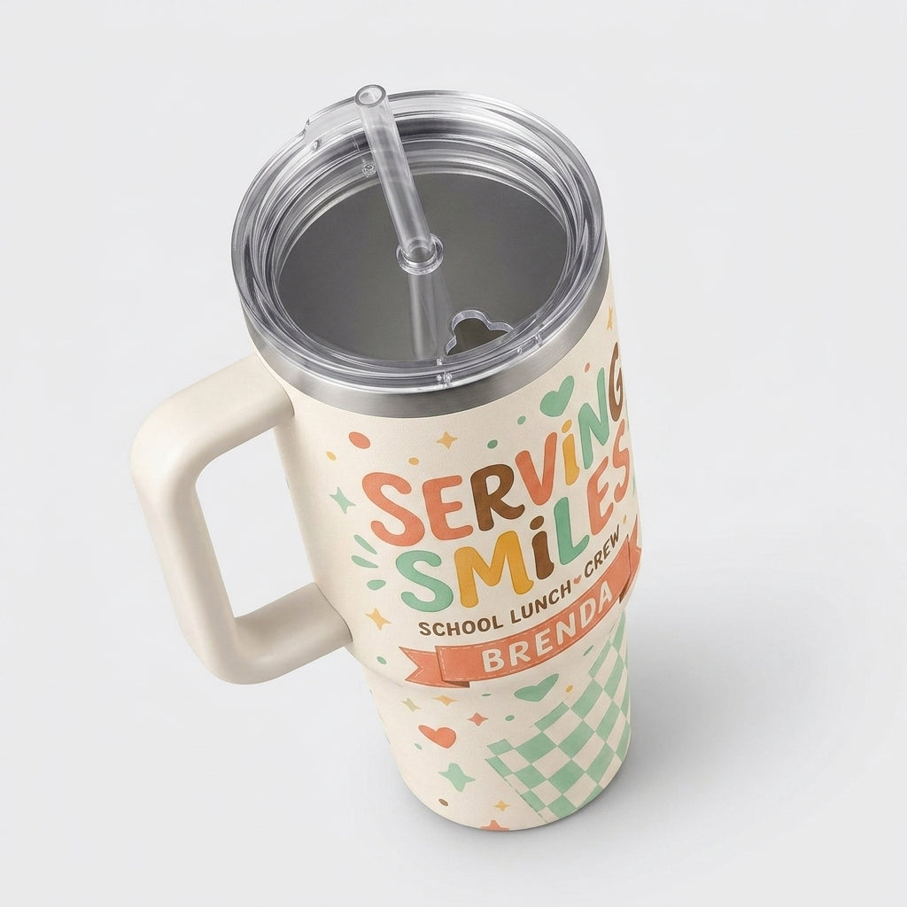 Personalized Serving Smiles School Lunch Crew 40oz Tumbler with Handle, Custom Cafeteria Worker Gift