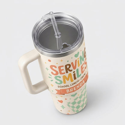 Personalized Serving Smiles School Lunch Crew 40oz Tumbler with Handle, Custom Cafeteria Worker Gift