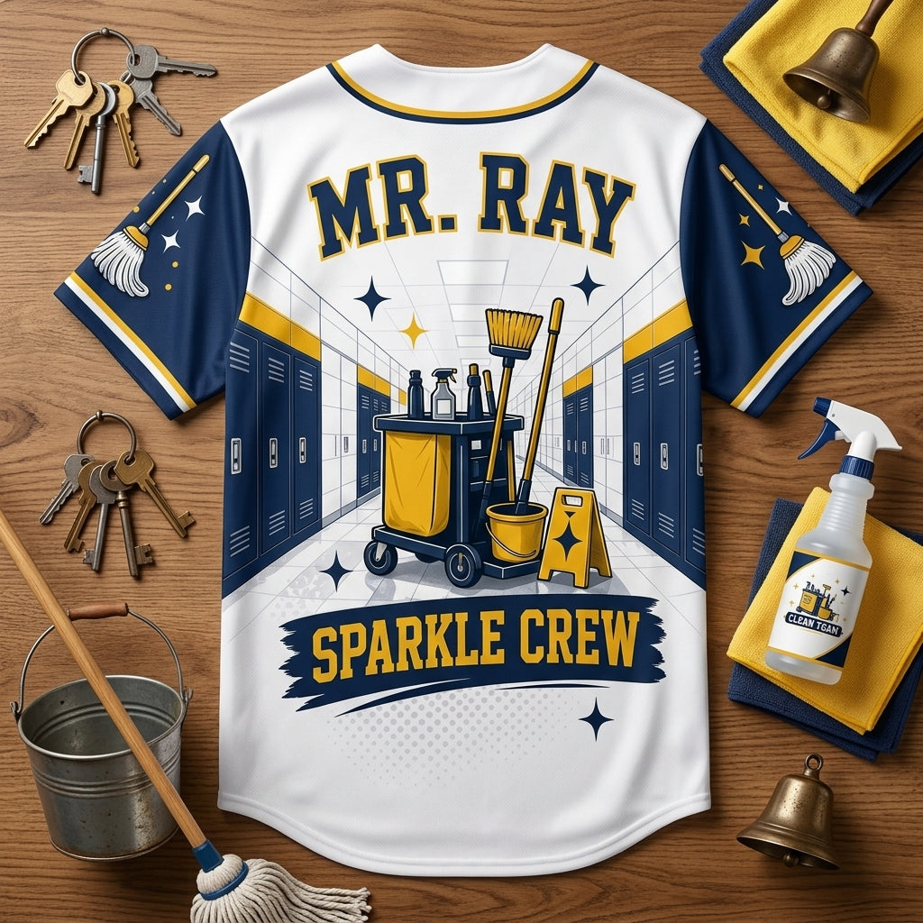 Personalized Clean Team Custodian Appreciation Baseball Jersey - Custom Name Sparkle Crew Hallway MVP Shirt
