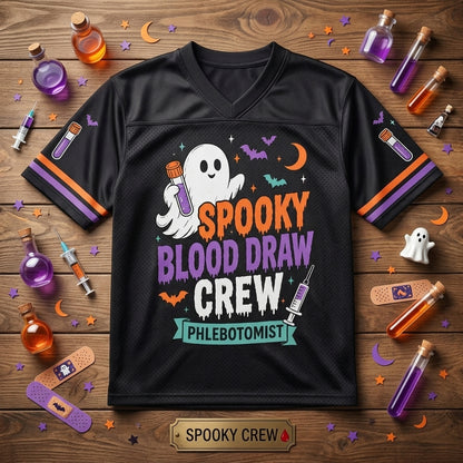 Personalized Spooky Blood Draw Crew Football Jersey - Custom Name Phlebotomist Halloween Mesh Shirt