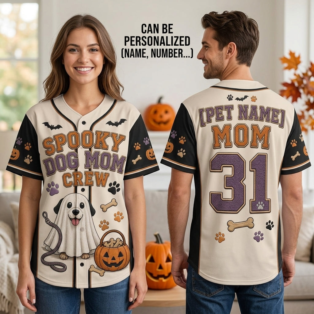 Personalized Spooky Dog Mom Crew Halloween Baseball Jersey - Custom Pet Name Ghost Dog Jersey product view 2