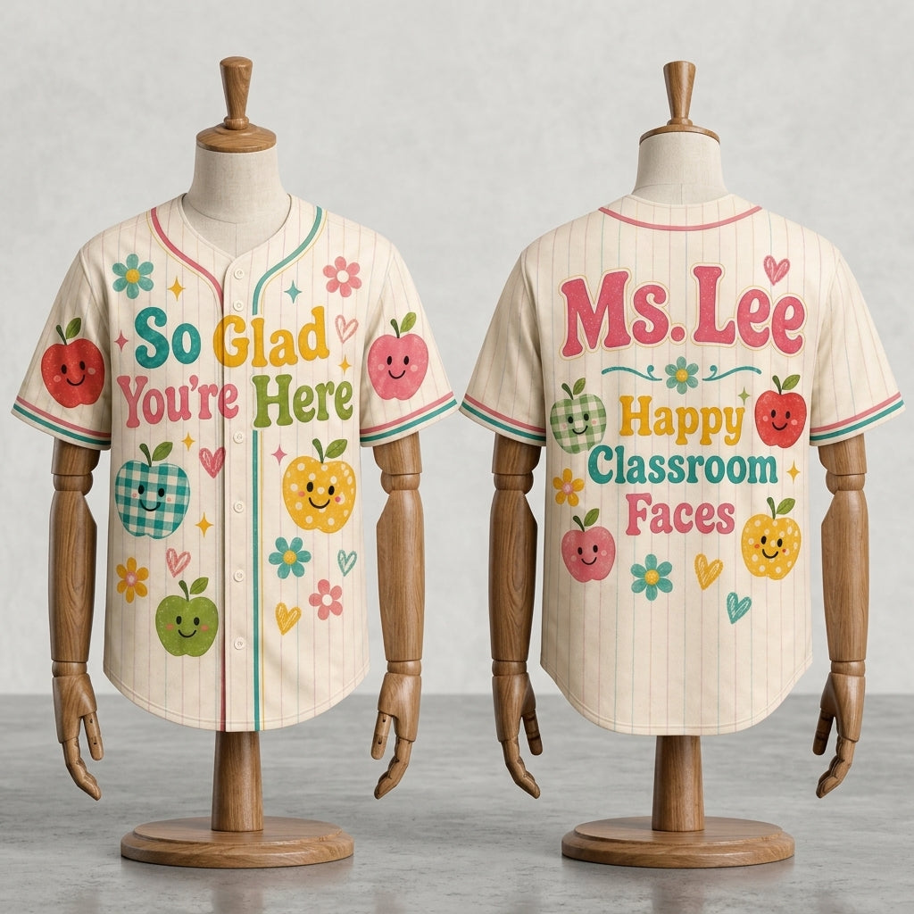 Personalized Teacher Baseball Jersey - Custom Name Happy Classroom Faces Apple Design Back to School Apparel