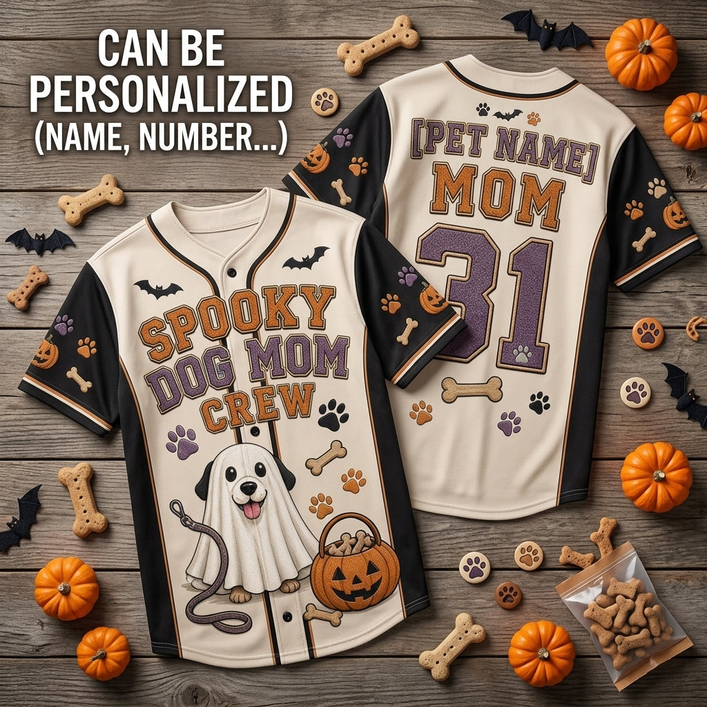 Personalized Spooky Dog Mom Crew Halloween Baseball Jersey - Custom Pet Name Ghost Dog Jersey