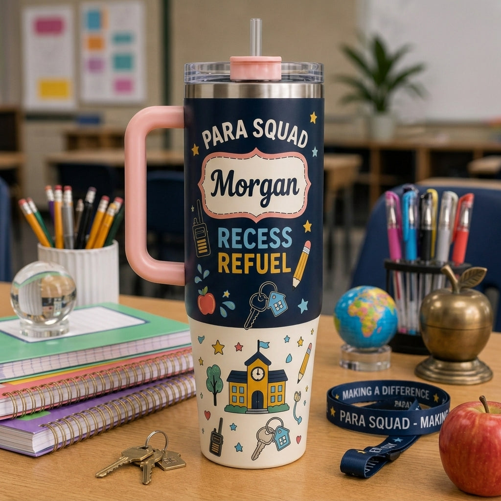 Personalized Para Squad Recess Refuel 40oz Tumbler with Handle - Custom Paraprofessional Gift