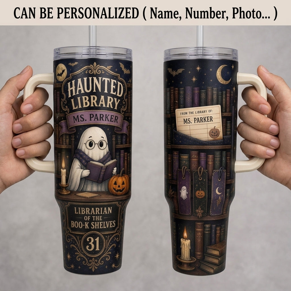 Personalized Haunted Library 40oz Tumbler with Handle, Custom Librarian Book Lover Halloween Gift