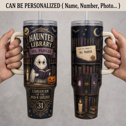 Personalized Haunted Library 40oz Tumbler with Handle, Custom Librarian Book Lover Halloween Gift
