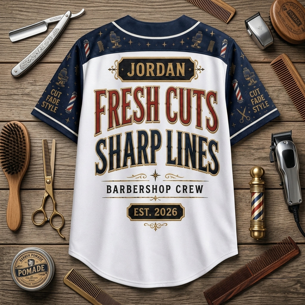 Personalized Barber Chair Legend Baseball Jersey - Custom Name Barbershop Crew Uniform