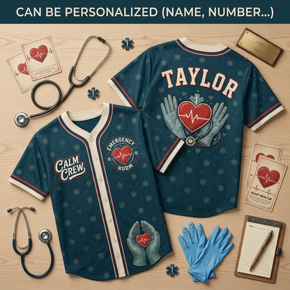 Personalized Emergency Room Nurse Baseball Jersey - Custom Calm Crew Healthcare Gift for Medical Professionals