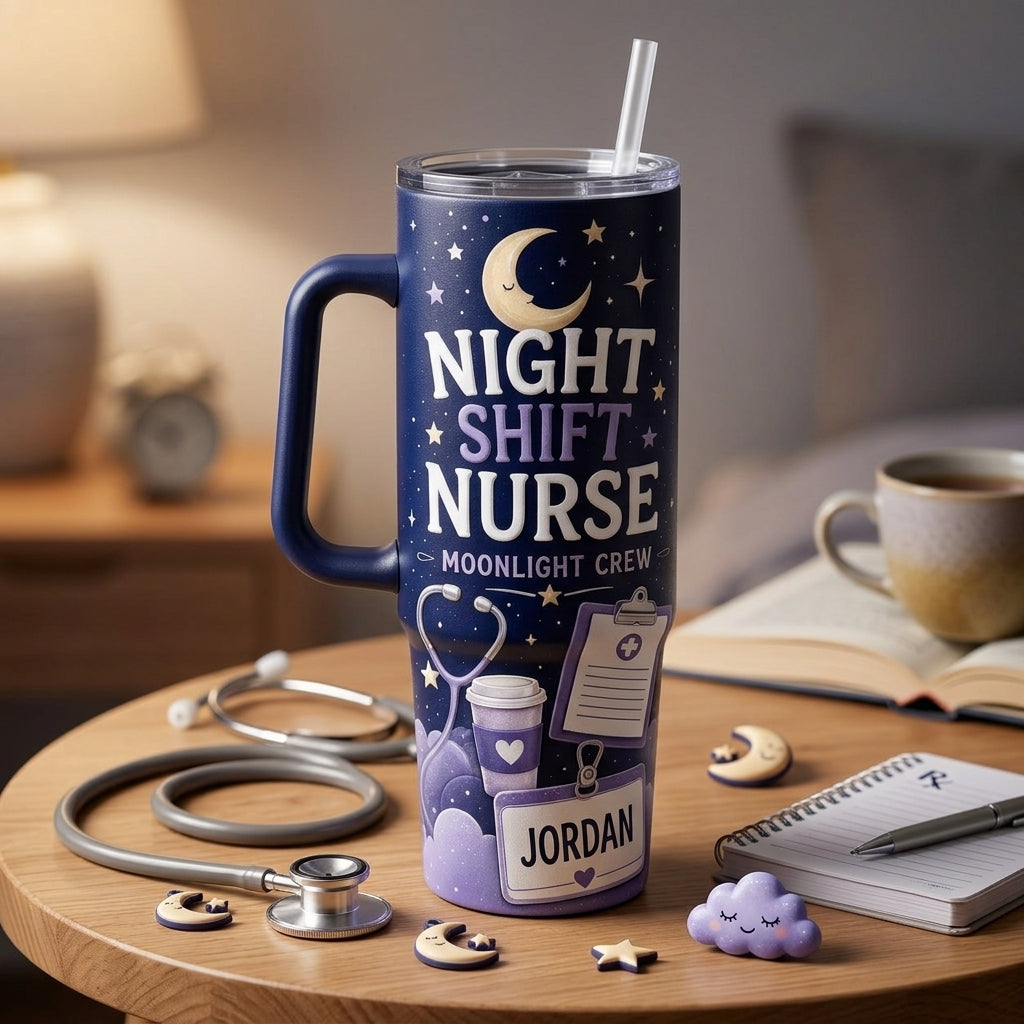 Personalized Night Shift Nurse 40oz Tumbler with Handle - Custom Name Moonlight Crew Nursing Gift