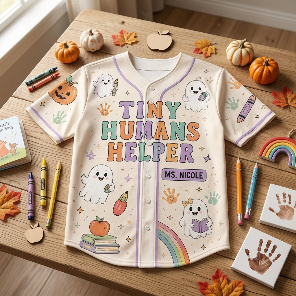 Personalized Tiny Humans Helper Teacher Halloween Baseball Jersey - Custom Name Spooky Little Learners Shirt