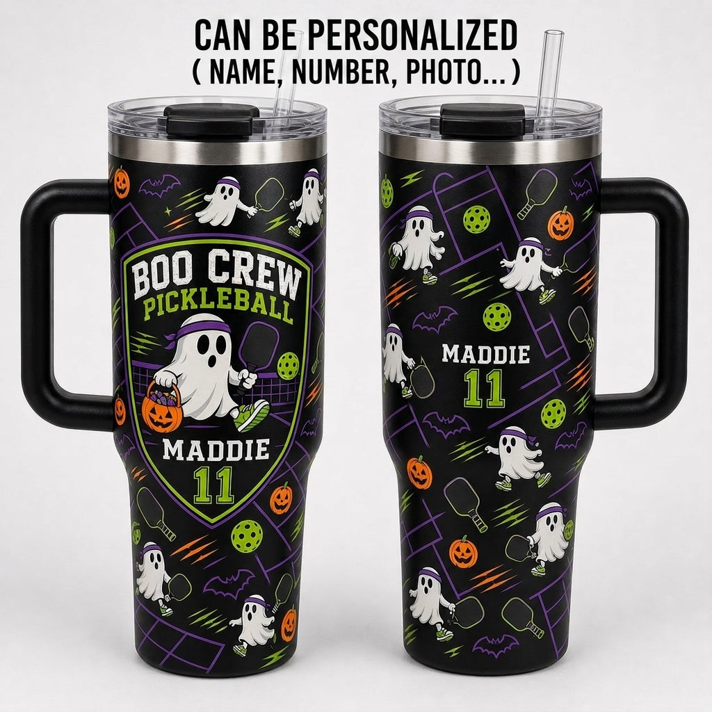 Personalized Boo Crew Pickleball Halloween Ghost 40oz Tumbler with Handle - Custom Name & Number Gift