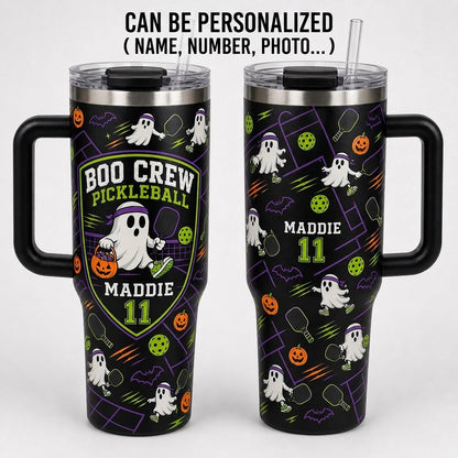 Personalized Boo Crew Pickleball Halloween Ghost 40oz Tumbler with Handle - Custom Name & Number Gift